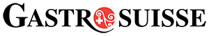 Gastrosuisse-Logo mit dem Wort "GASTROSUISSE" in schwarzen Grossbuchstaben. Das "O" ist ein roter Kreis mit weissem Schweizerkreuz und dekorativen weissen Wirbeln.